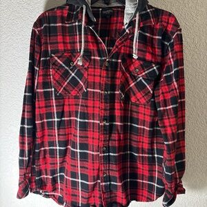 Red and Black Plaid Hooded Shirt